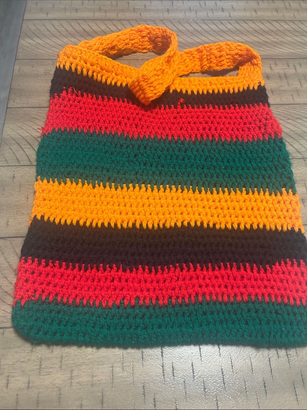 Zambia  13x 15 Handmade Striped Crochet Tote Bag in Orange, Red, Green, Brown